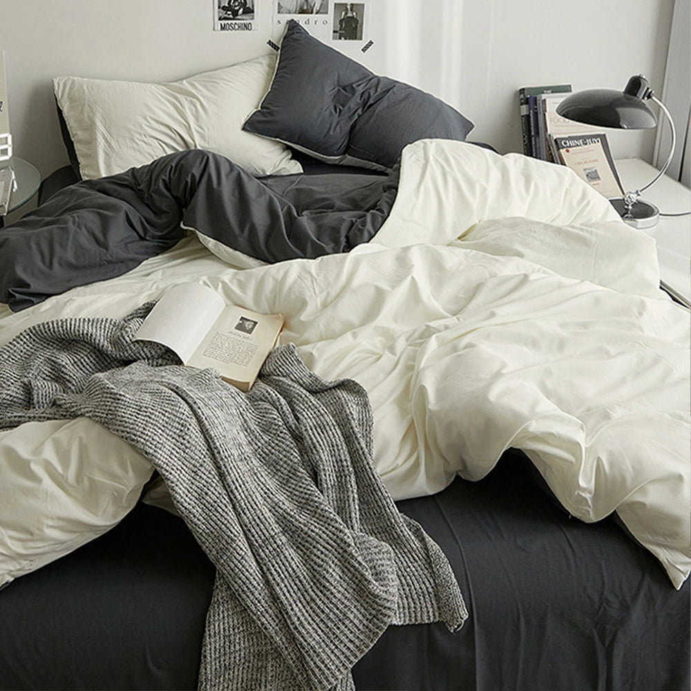 ベッドカバー セット ブラック×ホワイト (ベッドシーツタイプ)