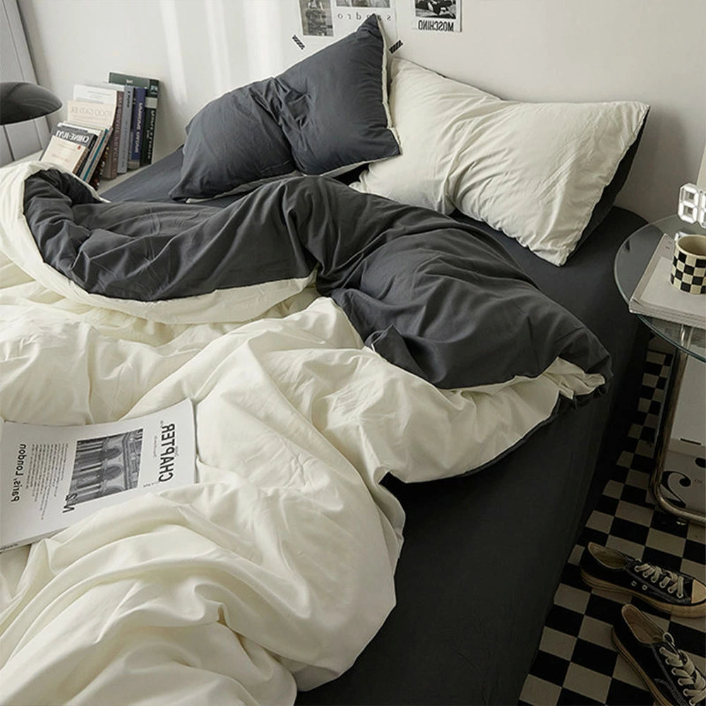 ベッドカバー セット ブラック×ホワイト (ベッドシーツタイプ)
